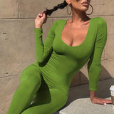 kkboxly  Solid Crew Neck Long Sleeve Bodycon Jumpsuit, Sports Yoga Skinny Long Length Seamless Jumpsuit, Women's Clothing