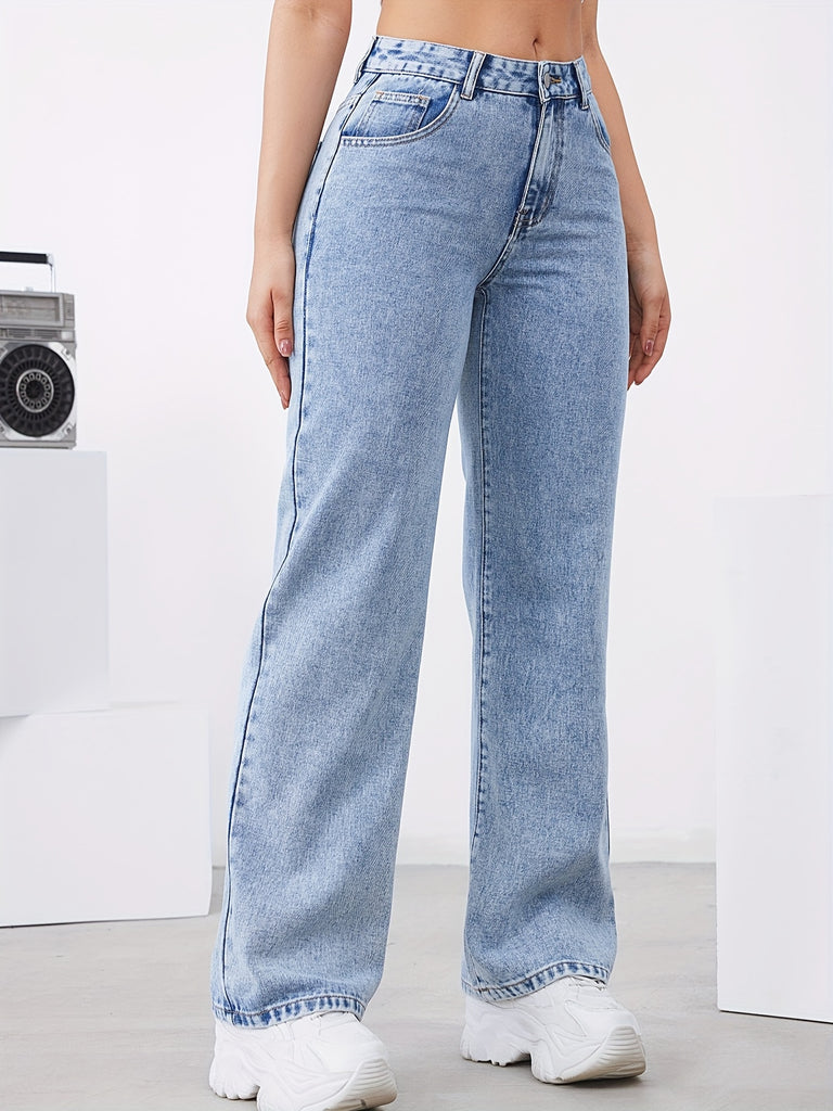 kkboxly  Slash Pocket Loose Wide Leg Jeans, Non-stretch Breathable Casual Denim Pants, Women's Denim Jeans & Clothing