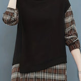 kkboxly  Long Sleeve Plaid Pullover, Crew Neck Casual Top For Spring & Fall, Women's Clothing