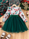 Little Girls' Cartoon Christmas Party Dress - Long Sleeve A-line Tutu Dress with Ribbon Belt, Holiday Gift Pattern for Celebrations