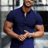 kkboxly  Men's Casual Cotton Argyle Pattern Print Short Sleeve Shirt, Male Hawaiian Shirt For Summer Beach Vacation