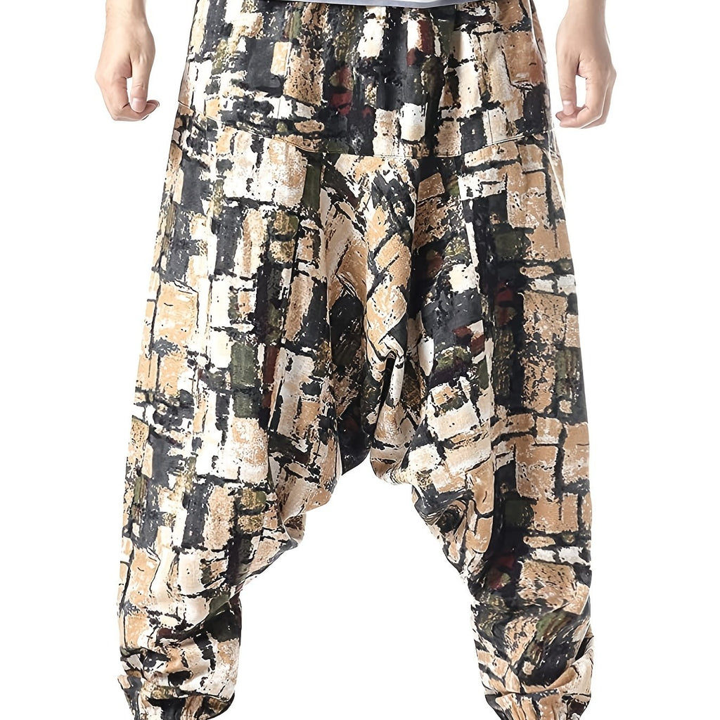 kkboxly  Ethnic Pattern Vintage Cotton Harem Pants, Men's Casual Drop Crotch Jogging Harem Pants For Spring Summer