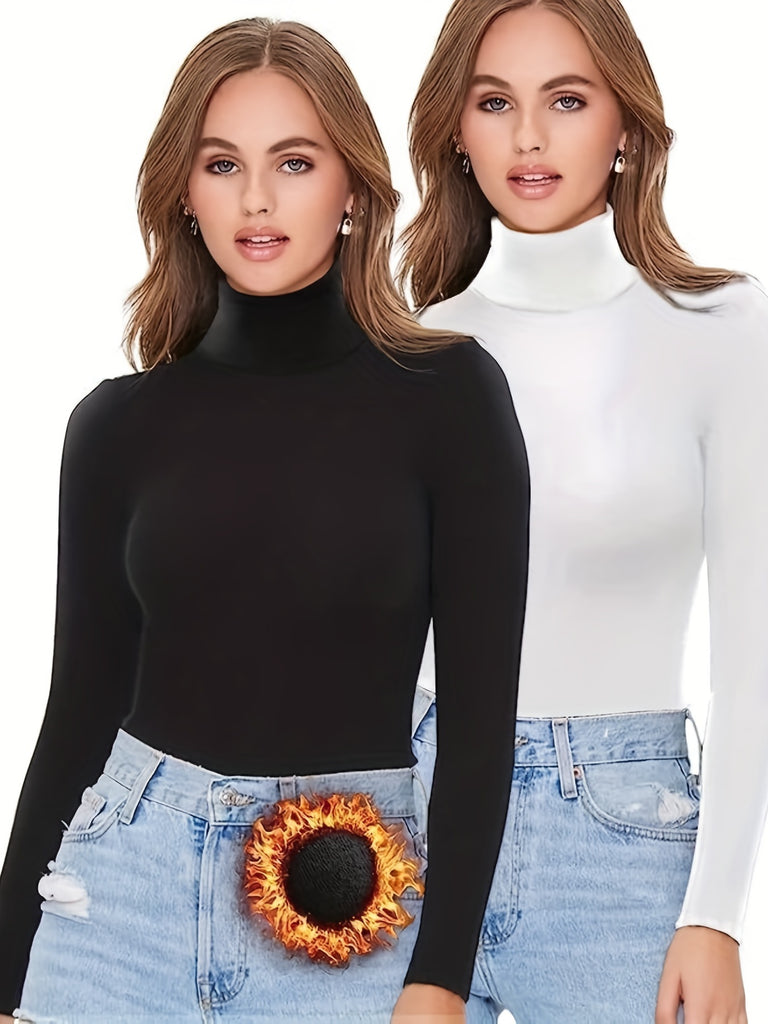 kkboxly  2 Packs Warm Turtleneck T-Shirts, Casual Long Sleeve Top For Spring & Fall, Women's Clothing
