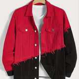kkboxly  Raw Trim Color Block Denim Jacket, Men's Casual Street Style Cotton Jacket