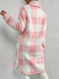 kkboxly  Plaid Pattern Teddy Coat, Casual Button Front Long Sleeve Outerwear, Women's Clothing