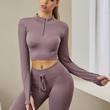 kkboxly  Women's Activewear: Fashionable Solid Color Half Zipper Yoga Sports Top with Stretchy Ribbed Knitting for Long Sleeve Fitness Workout Gym Wear