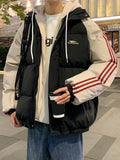 kkboxly Men's Stylish Leaf Pattern Puffer Coat With Pockets, Casual Breathable Zip Up Long Sleeve Warm Hooded Top For City Walk Street Hanging Winter Outdoor Activities