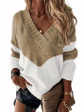 Color Block Simple Knit Sweater, Casual V Neck Long Sleeve Sweater, Women's Clothing