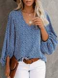 kkboxly  Floral Print Lantern Sleeve Blouse, Casual V Neck Long Sleeve Blouse For Spring & Fall, Women's Clothing