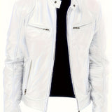 kkboxly  Zipper Pockets PU Jacket, Men's Casual Solid Color Zip Up Stand Collar Faux Leather Jacket For Spring Fall