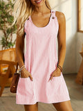 kkboxly  Striped Print Crew Neck Dress, Casual Sleeveless Dress With Pockets, Women's Clothing