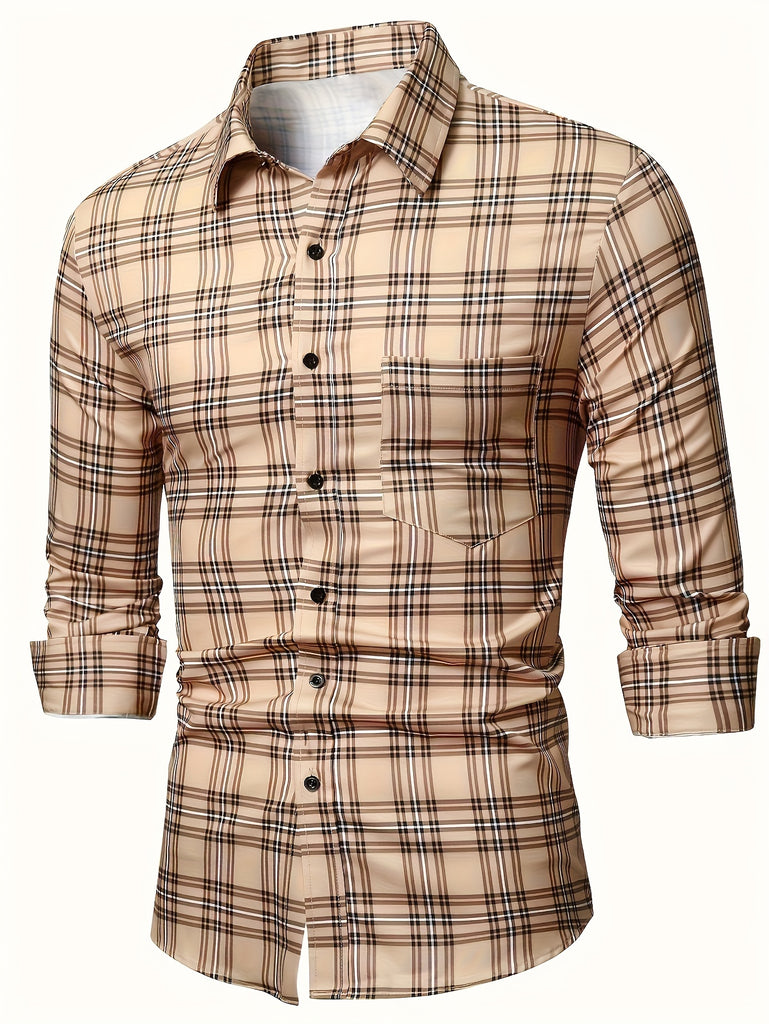 Classic Plaid Pattern Men's Slim Fit Long Sleeve Button Up Shirt, Male Spring Fall Fashion Top