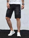 kkboxly  Flap Pockets Cargo Denim Shorts, Men's Casual Multi Pocket Mid Stretch Waist Drawstring Cargo Denim Shorts For Summer Outdoor