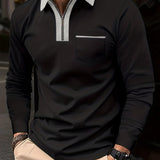 kkboxly Men's Casual Long Sleeves Zip Up Polo Shirts With Chest Pocket, Lapel Collar Tops Pullovers, Men's Clothing For Summer