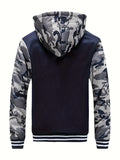 kkboxly  Color Block Camo Men's Hooded Jacket Fleece Lined Casual Long Sleeve Sherpa Lined Hoodies With Zipper Hooded Coat For Autumn Winter