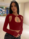 kkboxly  Sexy Cut Out Crop T-Shirt, Long Sleeve Loose Casual Top, Women's Clothing
