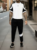 2-piece Men's Summer Street Outfit Set, Color Block Men's Short Sleeve Round Neck T-shirt & Drawstring Long Pants Set