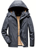 kkboxly Men's Trendy Fleece Hooded Jacket, Active Stand Collar Zip Up Hooded Coat For Fall Winter Outdoor