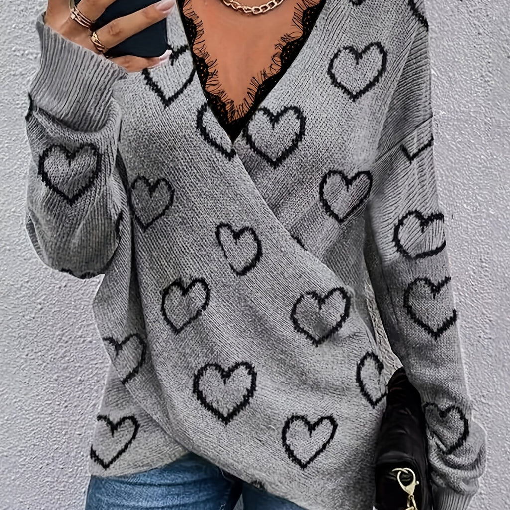 kkboxly  Heart Pattern Lace V Neck Pullover Sweater, Elegant Cross Front Long Sleeve Sweater For Fall & Winter, Women's Clothing