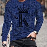 kkboxly  Cool Alphabet K Print Men's Long Sleeve T-shirt, Men's Fashion Crew Neck Tops, Spring Fall