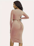 kkboxly  Solid Casual Two-piece Set, Tie Back Cropped Tops & Bag Hip Split Skirts Outfits, Women's Clothing