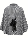 kkboxly  Houndstooth Print Cape Top, Casual Tie Front Loose Outerwear, Women's Clothing