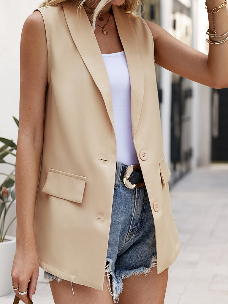 kkboxly  Solid Vest Blazer, Casual Button Front Lapel Sleeveless Simple Outerwear, Women's Clothing