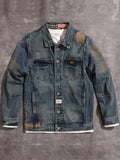 kkboxly Men's Stylish Stripe Pattern Cotton Blend Denim Jacket With Chest Pockets, Casual Breathable Lapel Button Up Long Sleeve Outwear For Spring Fall