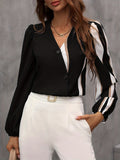 kkboxly Striped Print Contrast Blouse, Casual Button Front Long Sleeve Blouse, Women's Clothing