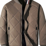 kkboxly  Warm Zipper Pocket Stand Collar Jacket, Men's Casual Solid Color Zip Up Cotton Padded Jacket For Fall Winter Outdoor