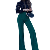 kkboxly  Solid High Waist Elastic Long Length Pants, Slim Stylish Elegant Wide Leg Pants, Women's Clothing