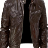 kkboxly  Men's Faux Leather Windbreaker Plain Zipper Stand Collar Long Sleeve PU Jacket For Motorcycle