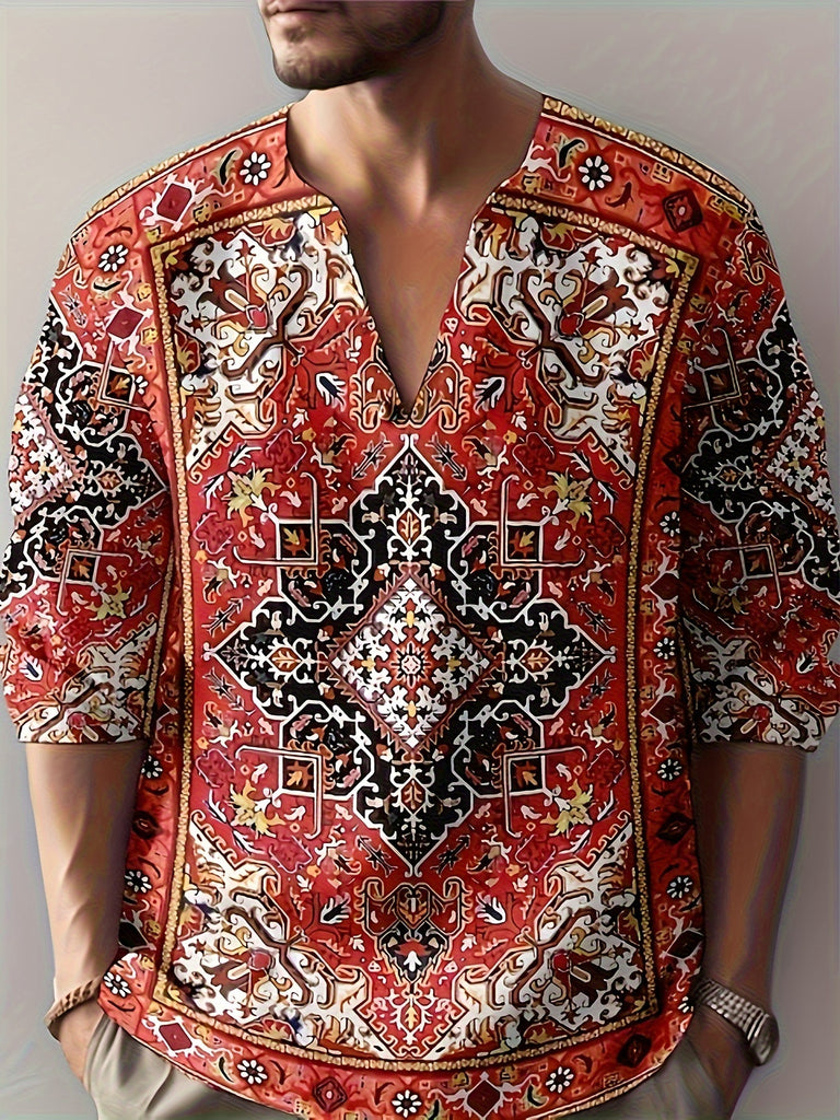 Plus Size Men's Ethnic Style Shirt, Vintage Floral Pattern Graphic Print Long Sleeve Shirt For Spring Fall, Men's Clothing