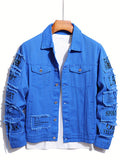 kkboxly  Men's Letter Print Denim Jacket, Casual Street Style Denim Jacket