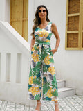 kkboxly  Boho Tropical Print Wide Leg Jumpsuit, Boho V-neck Sleeveless Tank Jumpsuit, Women's Clothing