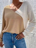 kkboxly Color Block Twist Back Top, Versatile V-neck Top For Spring & Fall, Women's Clothing