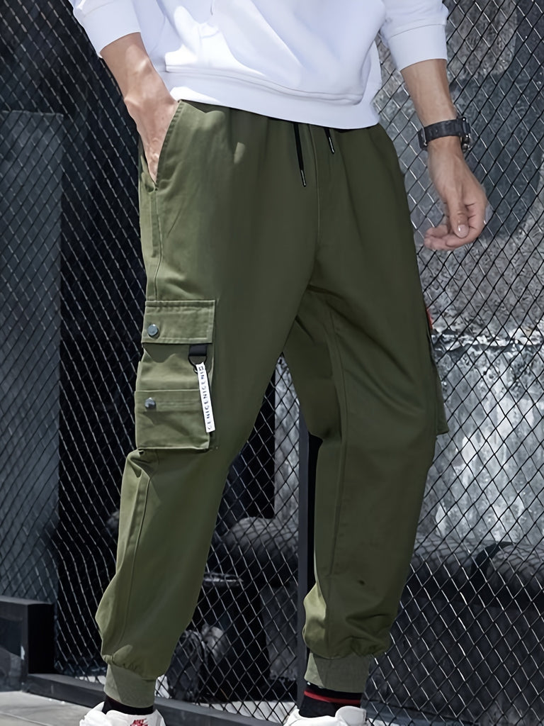 kkboxly  Men's Drawstring Flap Pocket Cargo Pants, Loose Trendy Jogger Pants