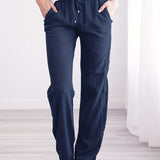 kkboxly  Plus Size Casual Pants, Women's Plus Solid Elastic Drawstring Slight Stretch Straight Leg Pants
