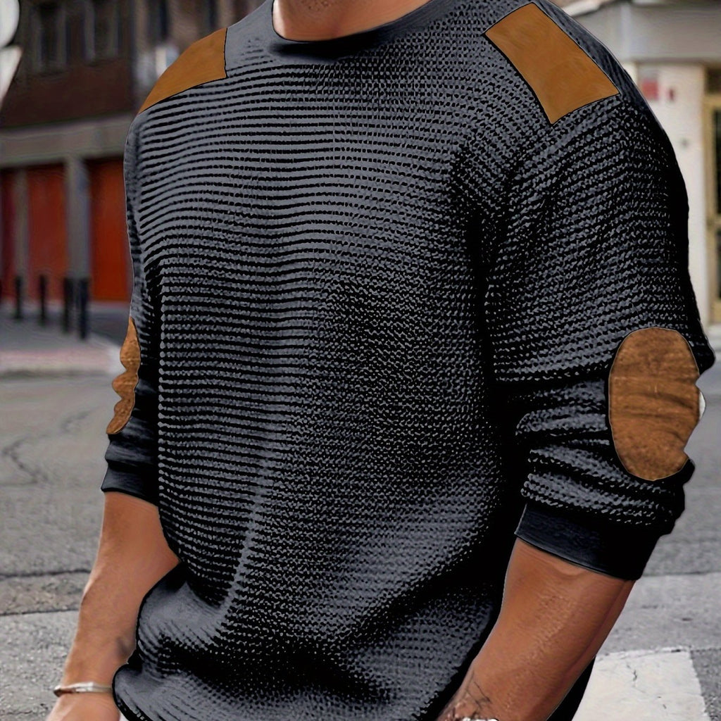 kkboxly  Casual Color Block Men's Long Sleeve Knitted Round Neck T-shirt With Elbow Design, Spring Fall Outdoor