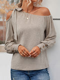 kkboxly  Solid Color Off Shoulder Long Sleeve With Buttons Tops, Sexy Blouses For Fall Winter, Women's Clothing