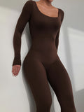 kkboxly  Solid Crew Neck Long Sleeve Bodycon Jumpsuit, Sports Yoga Skinny Long Length Seamless Jumpsuit, Women's Clothing