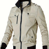 realaiot  Men's Stylish Solid Jacket With Pockets, Casual Breathable Stand Collar Zip Up Long Sleeve Top For City Walk Street Hanging Outdoor Activities