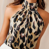 kkboxly  Leopard Print High Neck Blouse, Sexy Sleeveless Ruched Blouse, Women's Clothing