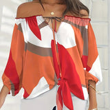 kkboxly  Plus Size Elegant Top, Women's Plus Sunflower Print Off Shoulder Drawstring Lantern Sleeve Cut Out Top