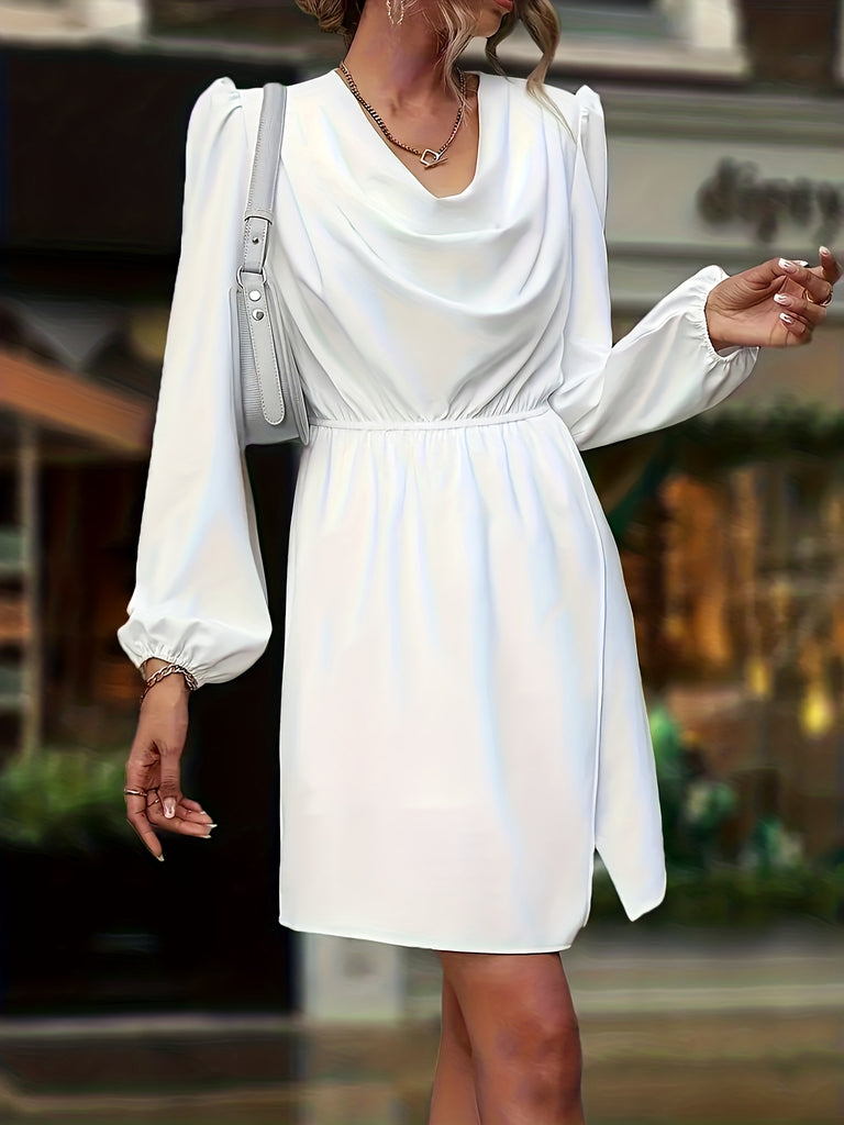 kkboxly  Solid Cowl Neck Cinched Waist Dress, Casual Long Sleeve Slit Dress, Women's Clothing