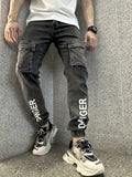 kkboxly  Letter Cargo Jeans, Men's Casual Street Style Solid Color Slightly Stretch Denim Joggers For Spring Summer