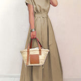 kkboxly  Solid Short Sleeve Dress, Casual Crew Neck High Waist Simple Maxi Dress, Women's Clothing