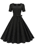 kkboxly  Polka Dot Bow Front Dress, Vintage Elegant Square Neck Short Sleeve Dress, Women's Clothing