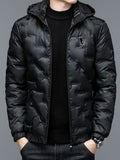 kkboxly  Men's Geometric Pattern Puffer Coat, Casual Zip Up Warm Hooded Jacket For Outdoor Winter