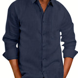 kkboxly  Plus Size Men's Elegant Mature Long Sleeve Shirt, Trendy Oversized Slim Fit Button Up Shirt For Big & Tall Males, Men's Clothing, Plus Size